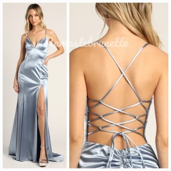 Nwt Lulu's Medium Dusty Blue Satin Lace-Up Mermaid Formal Maxi Dress - Picture 6 of 16